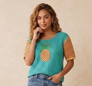 Vintage Berek Crochet Knit Pineapple Top Teal Yellow Ramie Cotton Fruit Beach
